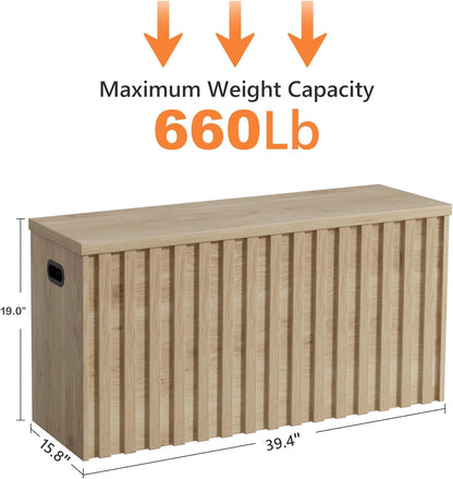 UEV Storage Bench,39.4" Wood Box, Storage Trunk with 2 Safety Hinges, Ottoman Storage Chest, Fluted Storage Bench for Bedroom, Entryway, Living Room (Ivroy White)