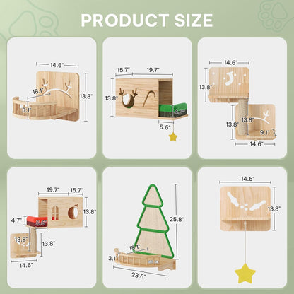 Cat Wall Shelves, Cat Wall Furniture Pine Wooden Feline Shelf, 16 Piece Shelves and Perches with Bowl, Warmer Mat, Condos, House, Steps and Cat Scratcher