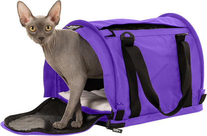 SturdiBag Pro 2.0 Pet Travel Carrier with Flexible Height for Cats and Dogs | Soft Sided Pet Carrier Bag with Safety Clips and Seatbelt Straps for Airplane or Car Travel | Medium, Purple