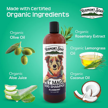 VERMONT SOAP Organics Pet Shampoo - Infused with Organic & Natural Olive Oil, Coconut & Aloe Vera Dog Shampoo for Sensitive Skin - USDA Certified Grooming Pet Shampoo - Blueberry (16oz)