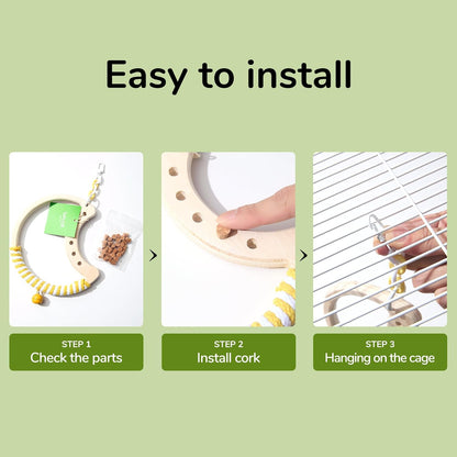 Natural Bird Swing - Moon-Shaped Parrot Perch with Bell and Cork Toys, Spinning Wooden Stand for Parakeets, Budgies, Lovebirds and Small/Medium Birds (White + Green)