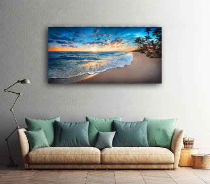 Jiuqinghua Canvas Prints Wall Art Blue Beach Ocean Landscape Paintings 1 panel Sunset Sea Waves Wall Decor Pictures Stretched and Framed for Living Room Bedroom and Office Decor Artwork 24x48inch