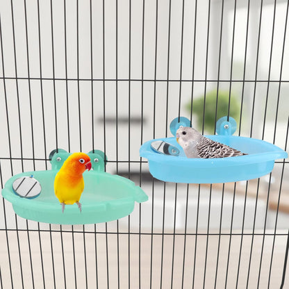 Wontee Bird Bath Box with Mirror Portable Parrot Hanging Bathroom Bathing Tub for Small Birds Cleaning Supplies (Blue(A)+Green)