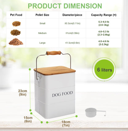 Dog Food storage container Dog Treats Jar,5~6 lb Metal food treats tin for Dog, pet snacks Canisters with wooden lid/handle/sevice scoop-White