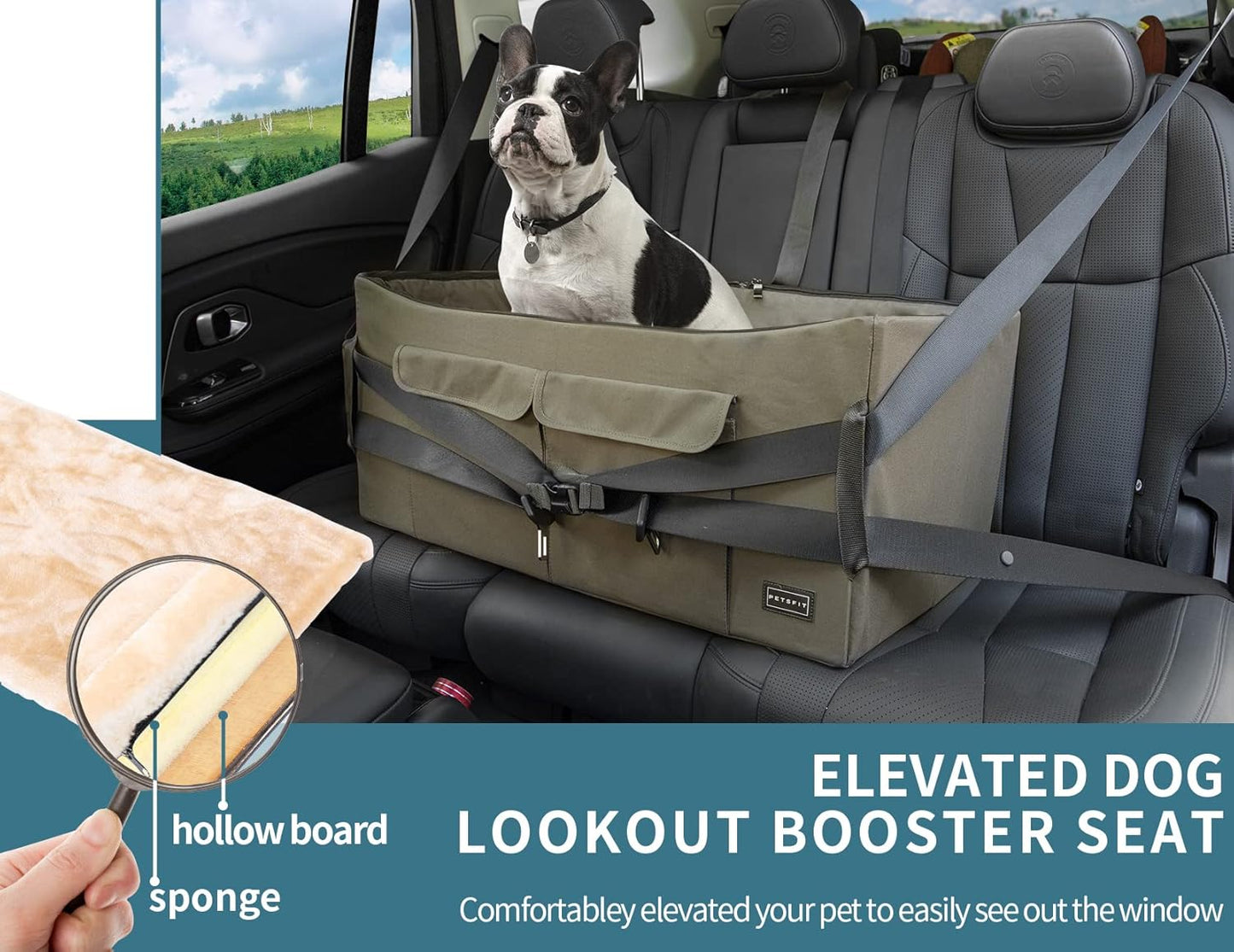 Petsfit Dog Booster Seat For 2 Small Dogs or Medium Dog up to 45 lb, Large Dog Car Seat With 2 Big Pockets for Cars, Trucks and SUVs (Large, Dark Brown)
