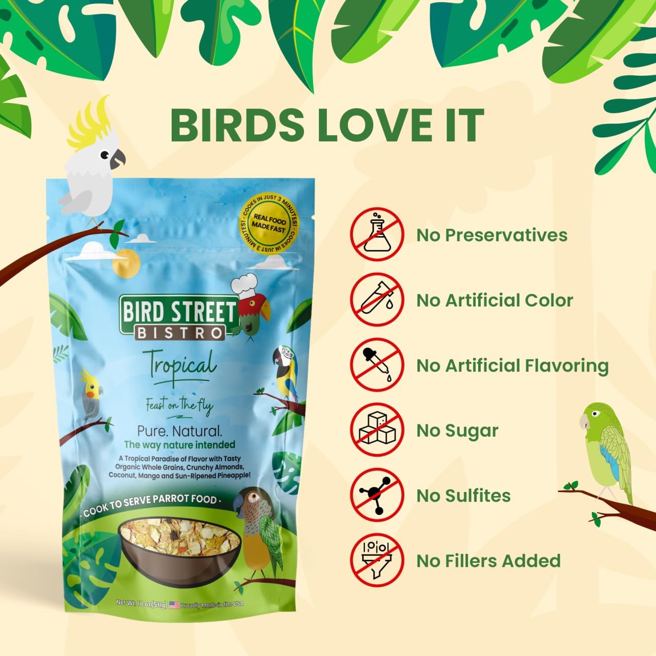 Parrot Food - Parakeet- Cockatiel Food - Bird Food - Cooks in 3-15 min w/Natural & Organic Grains - Legumes - Non-GMO Fruits, Vegetables, & Healthy Spices