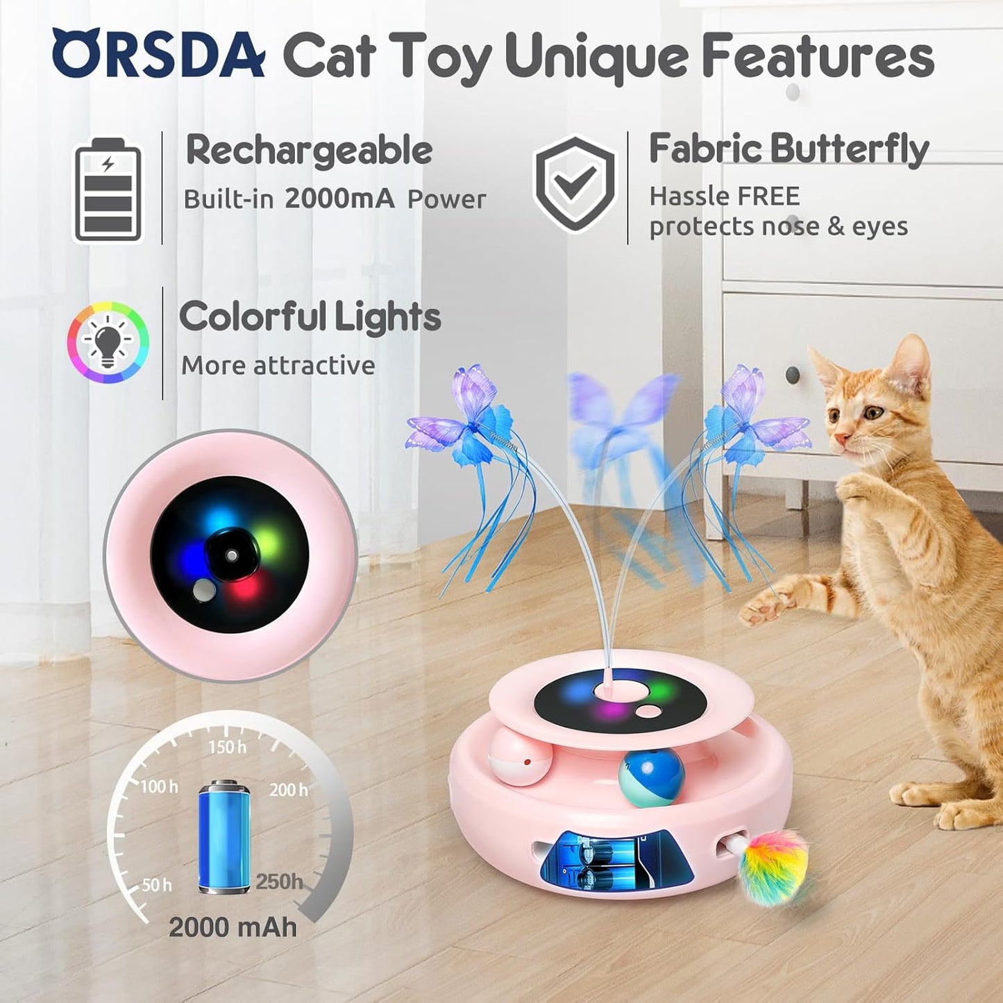 ORSDA Cat Toy, 3-in-1 Automatic Interactive Electronic Moving Ambush Feather, Fluttering Butterfly, Track Balls, USB Rechargeable Powered Smart Indoor Exercise Kicker