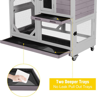 Aivituvin Rabbit Cage Indoor Outdoor Bunny Hutch on Wheels, 2 Story Wood Guinea Pig Cages with 2 Deeper Pull Out Trays (Gray)