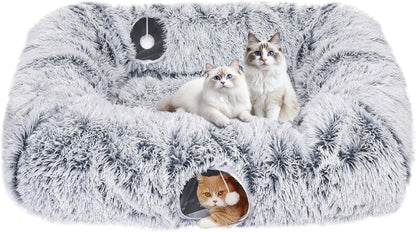 Extra Large Cat Tunnel Bed, 4 Ways Tunnels for Indoor Cats, Multi-cat Family Peekaboo Cave & Cat Bed, Plush Cat Donut with Washable Middle Mat, Exit Balls, Pet Play Toy for Kitten Puppy Rabbit