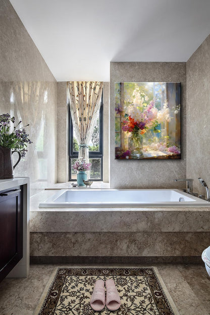 Colorful Flower Framed Canvas Wall Art, Watercolor Floral Bathroom Wall Decor, Spring Nature Wall Painting, Multicolor Botanical Art Print for Living Room, Bedroom, Office - 12X15