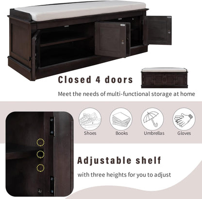 Shoe Storage Bench with 4 Doors and Adjustable Shelves, Shoe Bench with Removable Cushion for Living Room Entryway 42.7" L * 16" W * 17.4" H Espresso