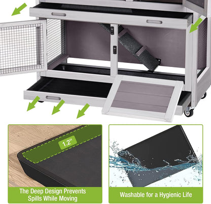 Rabbit Hutch Bunny Cage, Guinea Pig Cage Bunny Hutch Indoor, Wood Pet Cage with 4 Casters -2 Story & 2 Trays