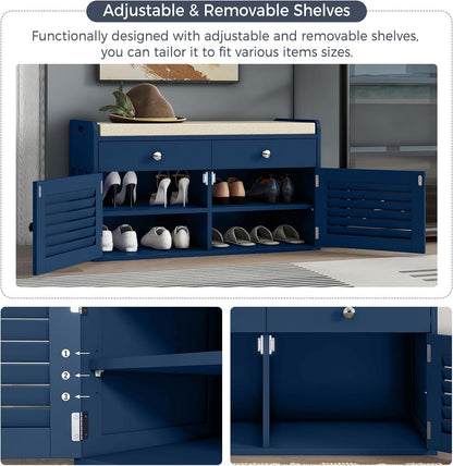 Shoe Storage Bench with 2 Drawers & 2 Doors, Entryway Bench with Cushion, 2 Adjustable Shelves, Shoe Cabinet for Entryway, Living Room, Hallway, Mudroom, Bedroom, Blue