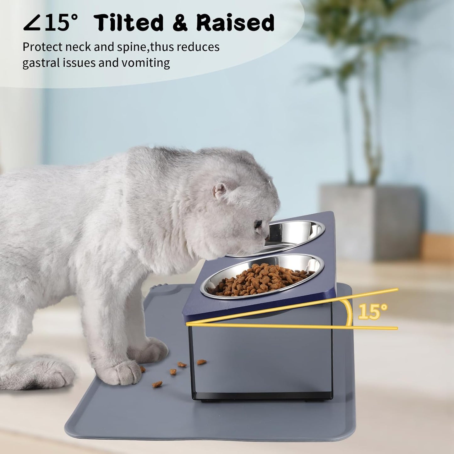 Upgraded Elevated Cat Bowls with Food Mat,15°Tilted Stand Anti Vomiting Raised Cat Dishes for Food and Water,2 Stainless Steel Bowls for Cats and Puppies（Navy Blue）