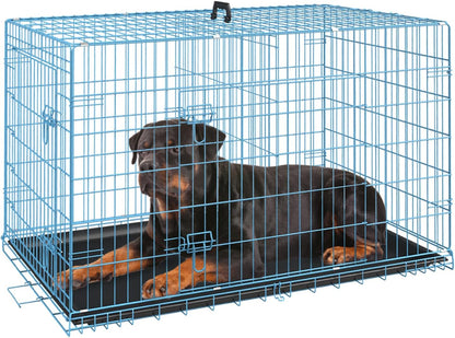 FDW Dog Crate for Large Dogs 42 Inch Folding Metal WirePet Cage Double Door W/Divider Panel Indoor Outdoor Kennel Leak-Proof Plastic Tray,Blue