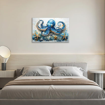 Octopus Bathroom Pictures Wall Art, Sea Animal Ocean Bathroom Wall Decor, Nautical Framed Painting Canvas Artwork for Bedroom Living Room Decorations 24"L x 16"W