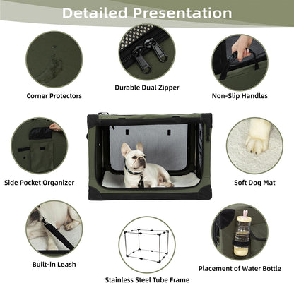 Pettycare Portable Travel Dog Crate 4-Door Soft Sided 42 Inch Collapsible Dog Crate with Curtains Durable Mesh Foldable Pet Kennel Soft Crates for Large Dogs Indoor & Outdoor Olive Green