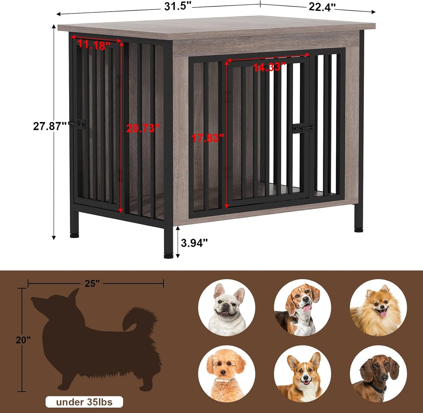 EasyCom 31.5" Small Dog Crate Furniture, Chew-Resistant Dog Crates for Small and Medium Dogs, Dog Kennel Furniture Indoor with 2 Doors and 3.94" Raised Feet, as TV Stand, End Table, Crate Table