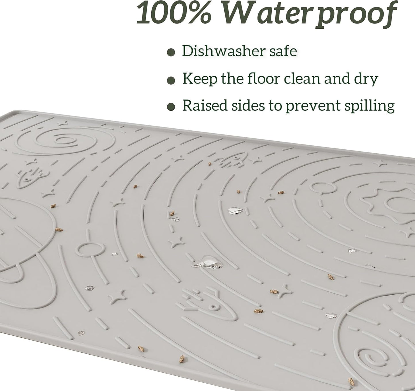 OHMO Dog Food Mat, Silicone Waterproof Cat Food Mat, Non-Skid Spill Proof Pet Feeding Mat for Food and Water, Easy to Clean Dog Placemat(Ash, 18.9" x 11.8")