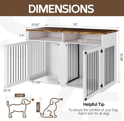 Dog Crate Furniture for 2 Dogs, 55 Inch Dog Crate Indoor with Removable Divider and Shelf Storage, Wooden Dog Crates for Medium/Large Dogs, White