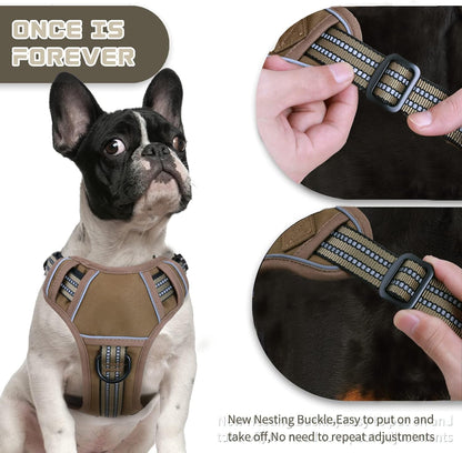 No Pull Dog Harness for Medium Dogs, Adjustable No Choke Pet Vest with Dog Leash Fit Smart Reflective Pet Walking Harness for Training Easy Control Soft Handle Brown M