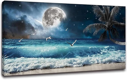 Yxbhhym Moon Ocean Decor Beach Wall Art Seascape Painting Sea Canvas Poster Prints Landscape Plam Pictures Artwork for Living Room Decor Wall Decorations large Framed Wall Art -20x40inches