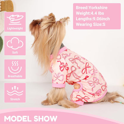 Dog Pajamas Small Sized Dogs Stretchable Summer Dog Clothes Pjs 4 Legs Girl Boy Cute Soft Puppy Outfits Doggie Cat Jammies Jumpsuit Sleeper for Pet (Bow Tie, Large)