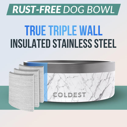 Coldest Dog Bowl - Anti Rust Metal, Non Slip, 3 Layers Insulated Stainless Steel Dog Bowls - Spill Proof & Heavy Duty - Water Bowl for Dogs, Cats & Pets, Dish Washer Safe (64 oz, Carrara Marble)