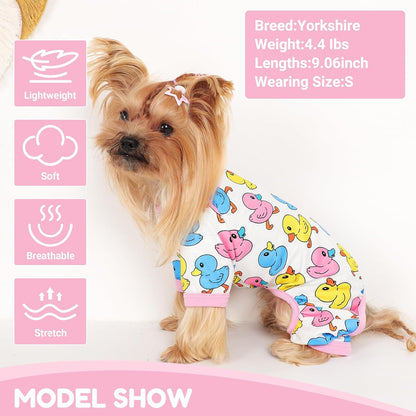 Dog Pajamas Small Sized Dogs Stretchable Summer Dog Clothes Pjs 4 Legs Girl Boy Cute Soft Puppy Outfits Doggie Cat Jammies Jumpsuit Sleeper for Pet (Duck, Large)