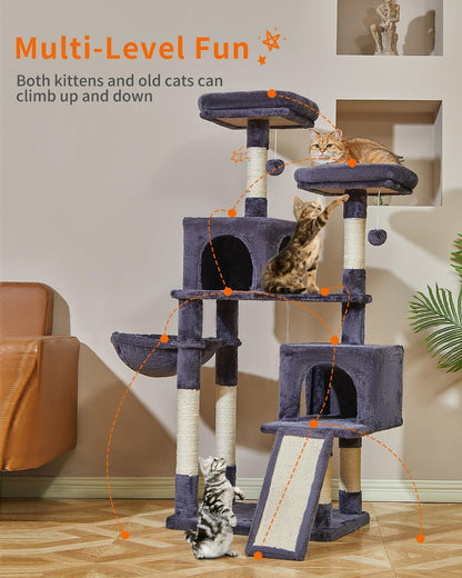 Taoqimiao 56.3-Inch Cat Tree, Cat Tower with Scratching Posts, Cat Tree House for Indoor Cats with hammocks, Toys, Condo and Large Scratch Board, Smoky Gray MS012G