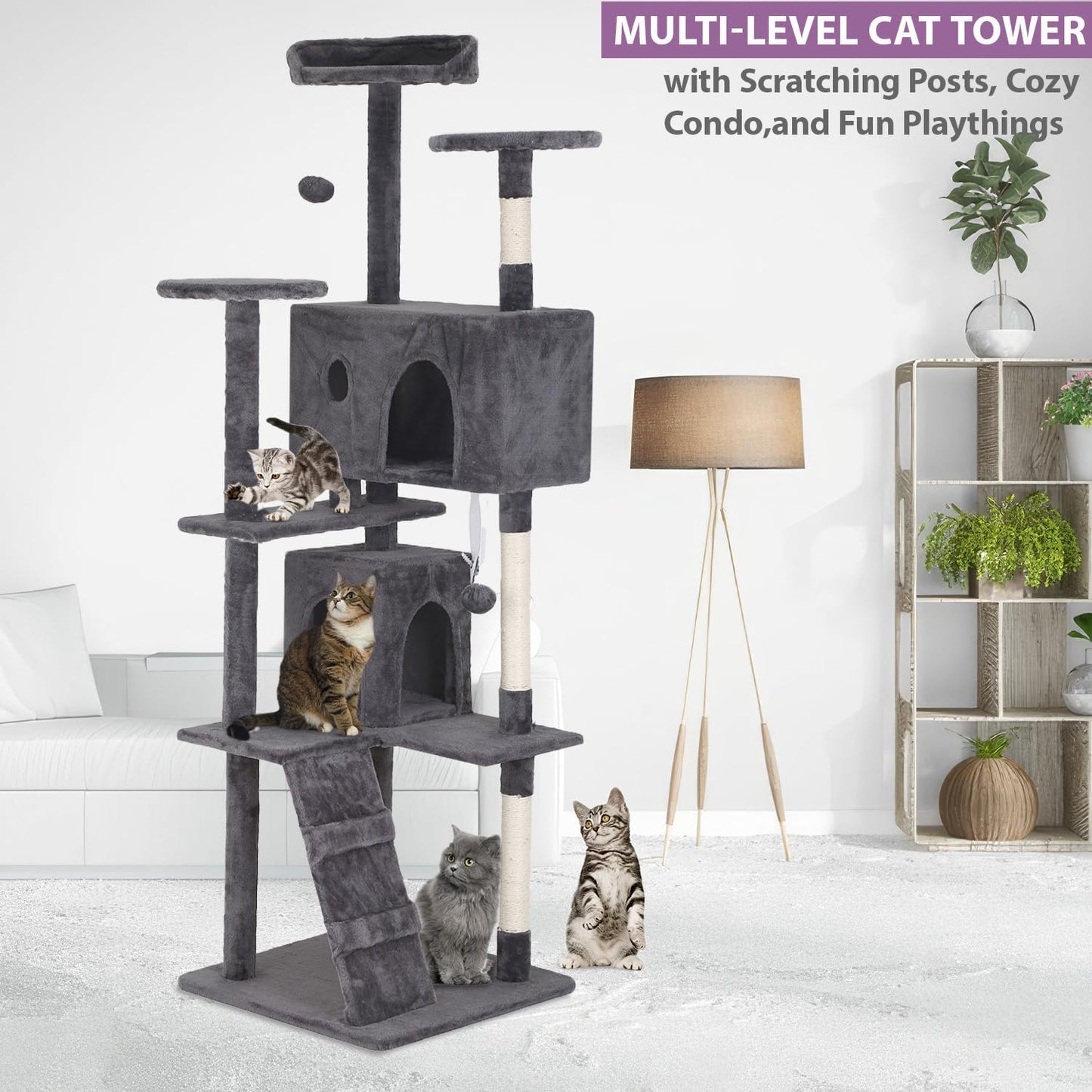 70 inches Cat Tower for Indoor Cats Multi-Level Cat Condos for XL Cat Tree Cat Climbing Tower with Scratching Posts, Hanging Toys,Light Gray