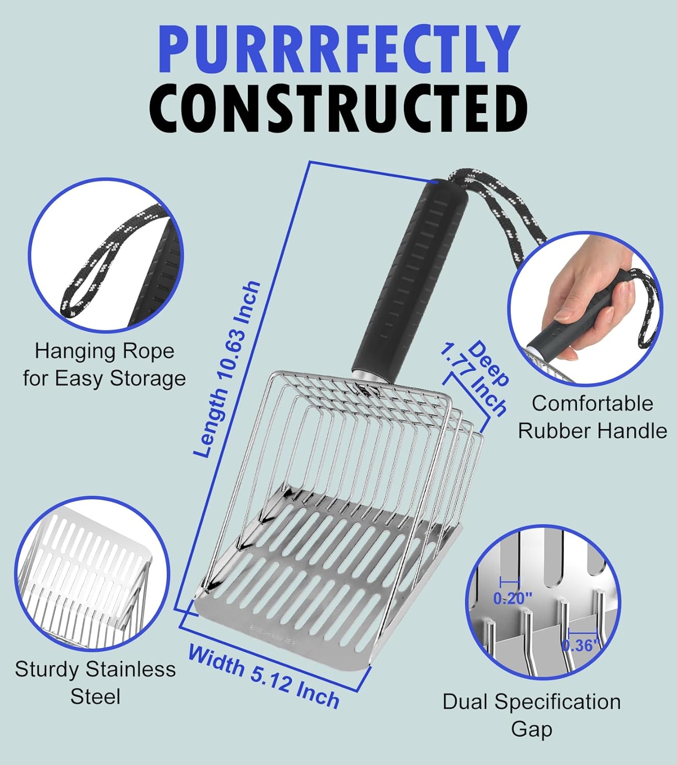 Cat Litter Scoop, Solid and Durable Kitty Metal Scooper, Stainless Steel Sifter, Heavy Duty, for Litter Box, Black Rubber Handle, Included Stainless Steel Hook