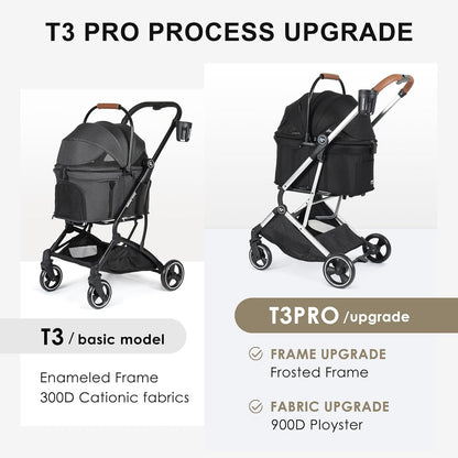 T3 Pro 3-in-1 Small Pet Stroller for Dog & Cats, 4 Wheels with Detachable Carrier with Pad, Canopy and Cup Holder (Black)