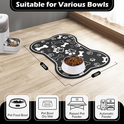Dog Cat Food Mat,Rapid Absorbent Pet Feeding Mat, Bone Shaped Dog Placemat Water Bowl Mat with Rubber Backing,No Stains Dog Cat Food Mats Indoor, Pet Accessories Supplies 16"×24" Black