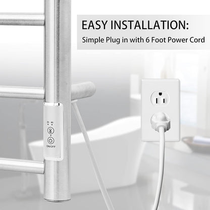 KEG Towel Warmer Wall Mounted with Built-in Timer 4 Bars Electric Stainless Steel Heated Towel Racks for Bathroom, Hot Plug-in Bath Towel Heater Brushed Nickel