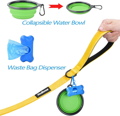 PetBonus Double Dog Leash, No Tangle Dual Leash, Reflective Walking Training Lead, 4 Comfortable Padded Handles for 2 Dogs with Collapsible Bowl and Waste Bags (Yellow, Large)