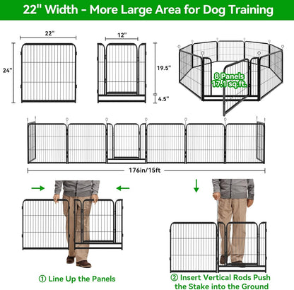 Dog Playpen Outdoor Extra Wide 16 Piece Panels Heavy Duty Dog Fence 24" Height Anti-Rust with Doors Portable for RV Camping Yard, Total 29FT, 68 Sq.ft, Snowy Black