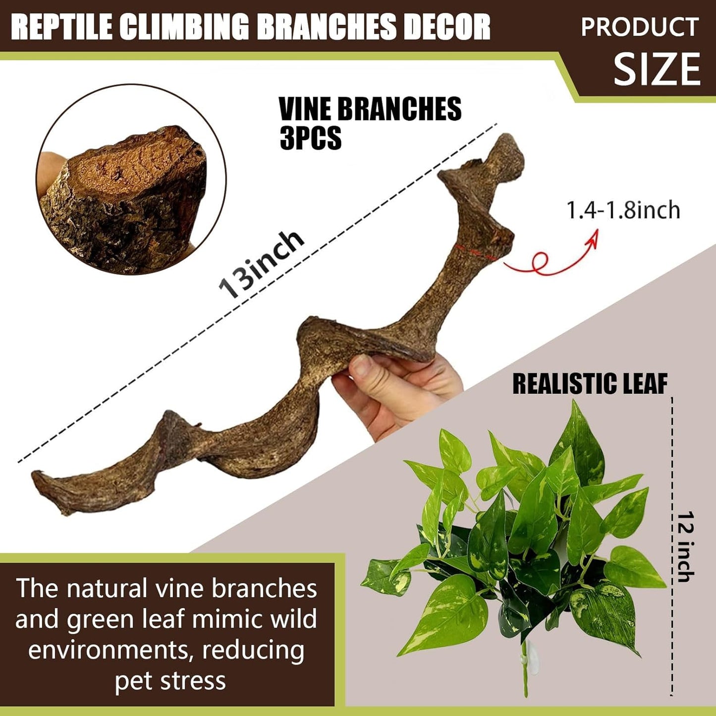 BNOSDM 3Pcs Reptile Climbing Branches Decor,Snake Climbing Branch,Gecko Climb Wood,Lizard Forest Branch,Tank Habitat Tree Trunk Decorations for Bearded Dragons,Chameleons,Spider,Frogs (M)