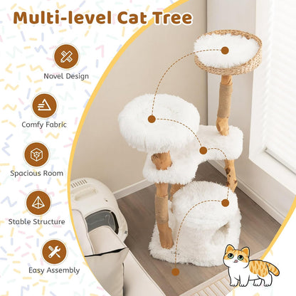Tangkula Cat Tree Tower, Solid Wood Modern Cat Tower with Top Cattail Basket Bed, Side Perch, Large Platform & Condo, Cute Cat Tree with Scratching Posts for Indoor Cats Large Adult