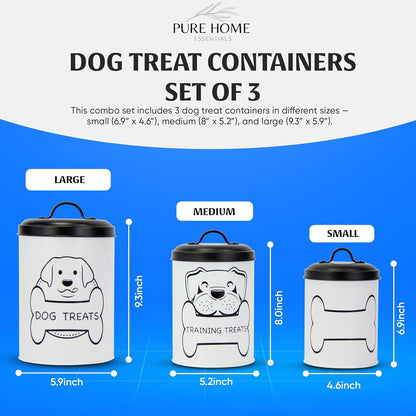 PURE HOME ESSENTIALS Metal Dog Treat Containers with Lids (Set of 3) – Customizable Chalk Labels & Chalk Included – Dog Food Storage/Dog Treat Jars for Kitchen Counter