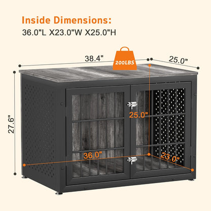38" Heavy Duty Dog Crate Furniture for Large and Medium Dogs,Wooden Metal Kennel for High Anxiety Dogs, Chew Proof Pet Cage Indoor, Decorative Dog Kennel End Table