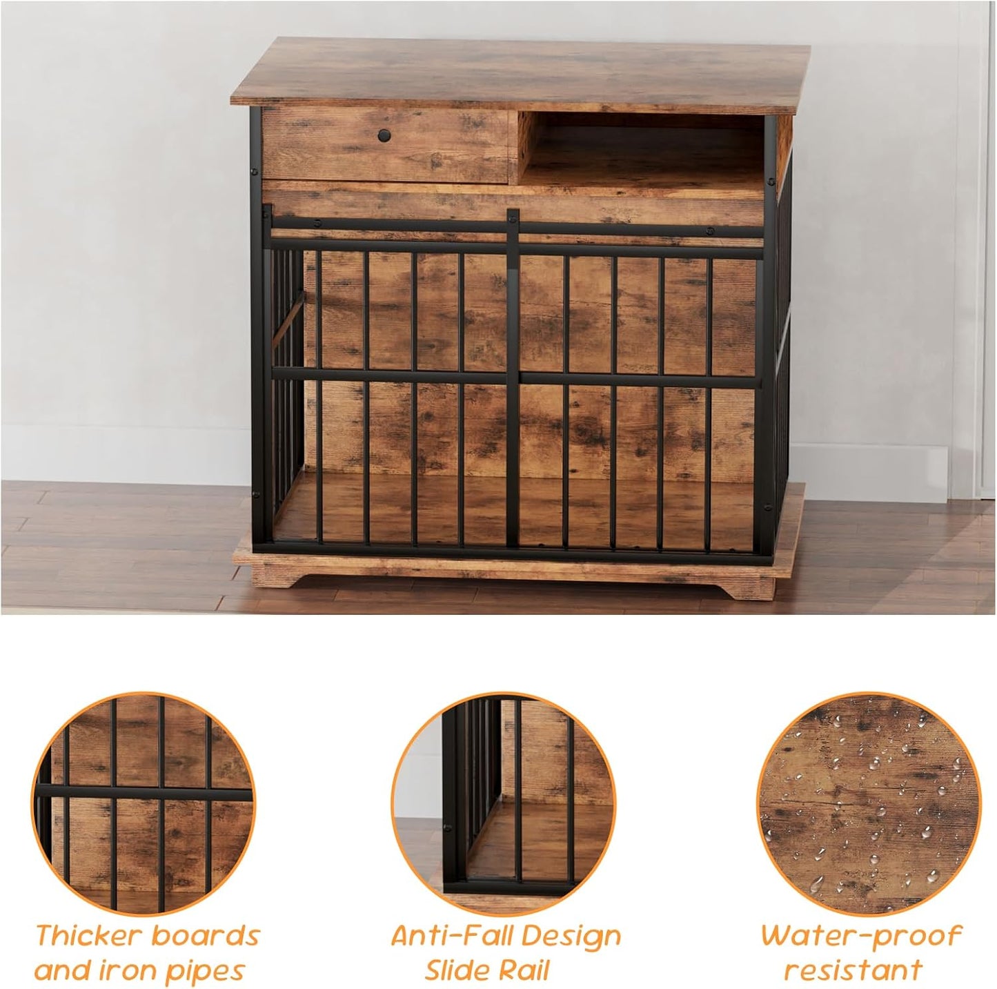 35.5" Dog Crate Furniture, Wooden Dog Crate Furniture for Medium Small Dogs, Wooden Dog Kennel End Table with Drawer and Open Shelves, Sliding Door Dog Kennel Furniture