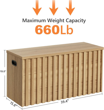 UEV Storage Bench,39.4" Wood Box, Storage Trunk with 2 Safety Hinges, Ottoman Storage Chest, Fluted Storage Bench for Bedroom, Entryway, Living Room(Natural Wood)