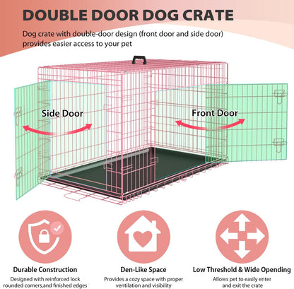 BestPet | Dog Crate | 24" | Pink | Foldable Metal Kennel with Double Doors, Secure Slide-Bolt Latches, Leakproof Tray | Portable Dog Cage for Small Breeds | for Travel, Indoor & Outdoor Use