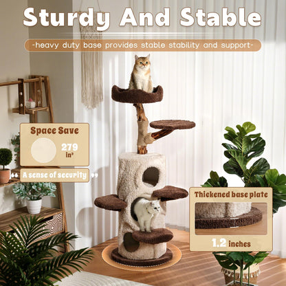 Luxury Treehouse Cat Tree for Indoor Large Cats,54.7'' Tall Modern Wood Cat Tower with 3 Level House,4*Cozy Perch,1*Soft Viewing Bed,Heavy Duty Wide Base,Sisal Scratching Post (54.7inch)