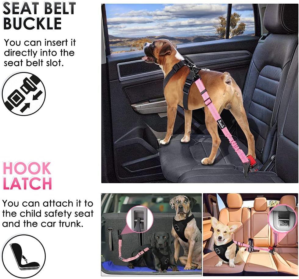 SlowTon Dog Seat Belt, Adjustable Dog Safety Belt Leash, 2 in 1 Latch Bar Attachment Dog Car Seatbelt with Elastic Nylon Bungee Buffer, Reflective Nylon Belt Tether Connect to Dog Harness (Pink)
