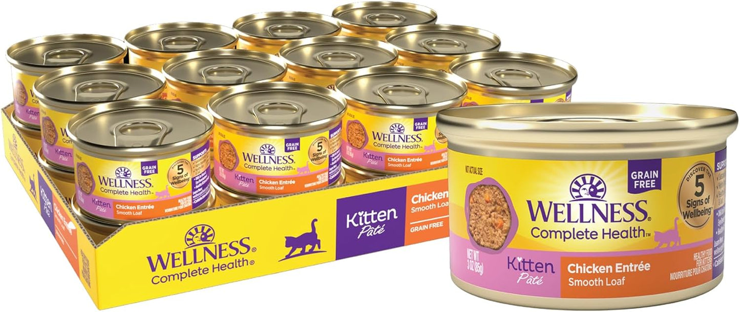Wellness Complete Health Pate Kitten Wet Cat Food, Natural, Protein-Rich, Grain Free, 3 Ounce, 24 Pack, (Chicken)