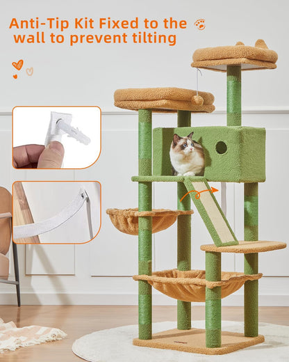 Taoqimiao Cactus Cat Tree, 57.5-Inch Cat Tower for Indoor Cats Large Adult, Extra Large Cat Condo, 8 Sisal Scratching Posts, Metal Frame Cozy Hammock, Durable Scratch Board, 2 Top Perches, MSC026