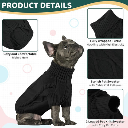 Queenmore Small Dog Pullover Sweater, Cold Weather Cable Knitwear, Classic Turtleneck Thick Warm Clothes for Chihuahua, Bulldog, Dachshund, Pug (Black, Large)