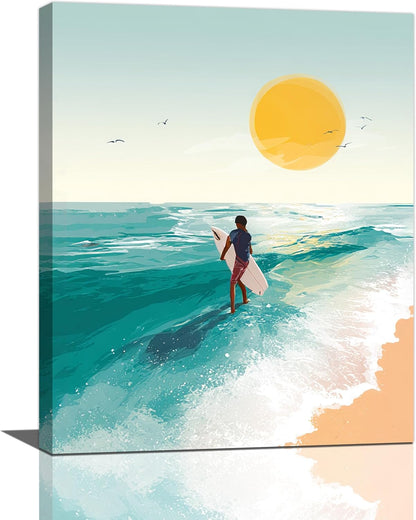 Beach Surfing Wall Art Ocean Coastal Wave Canvas Wall Decor Summer Nature Seascape Pictures Painting Print Framed Artwork Decorations for Bathroom Living Room Office Bedroom 16"x20"